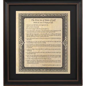 Framed Original Rules of Golf 1744. Handmade in USA. Free Shipping