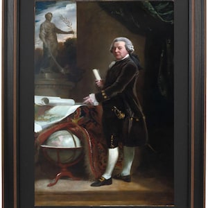 May include: A portrait painting of a man in a brown suit standing in front of a globe and a map. He is holding a rolled up document in his right hand. The painting is set in a room with a statue of a woman in the background.