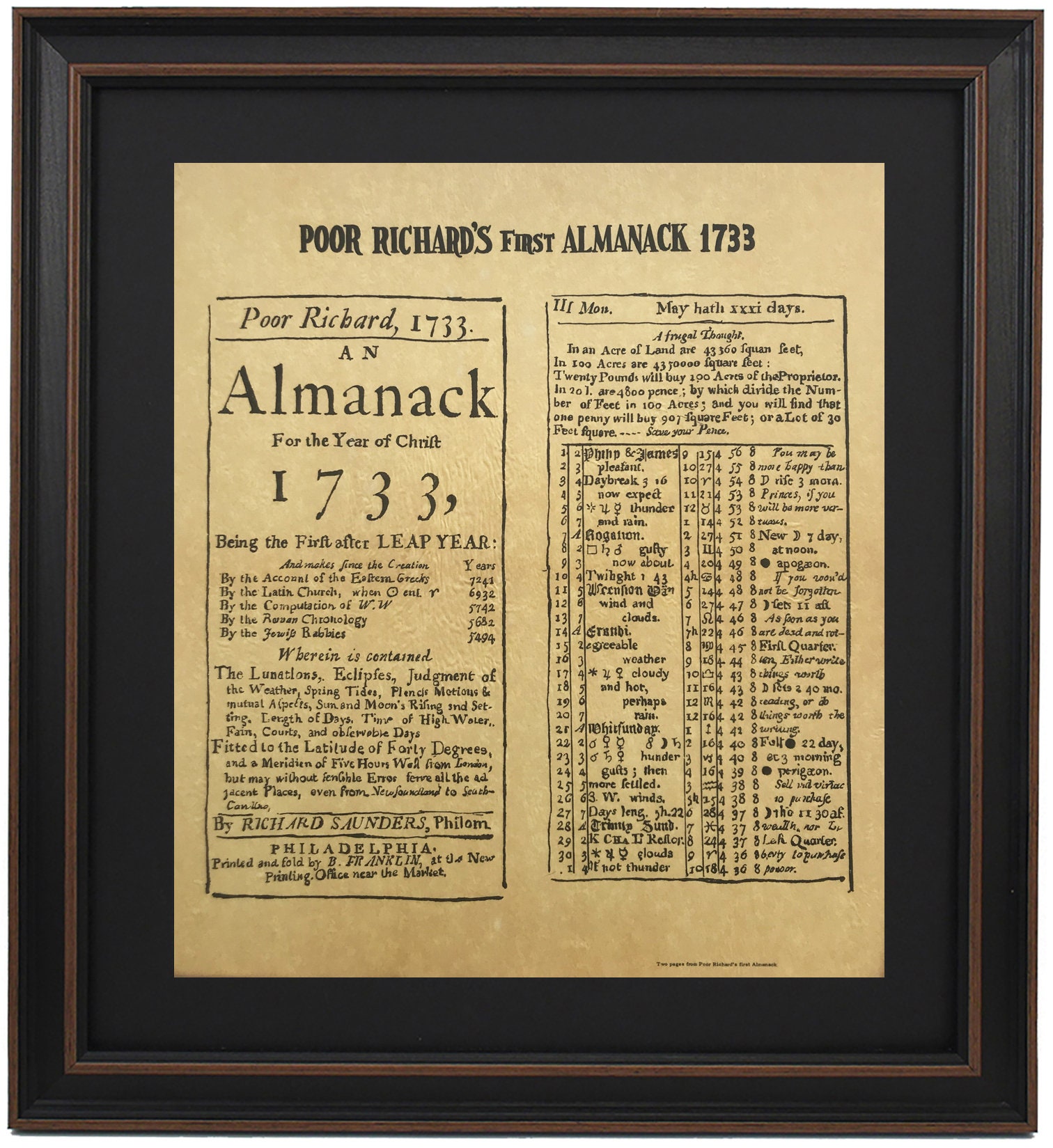Framed First Poor Richard's Almanack 1733. Patriotic Gift. Handmade in USA. Free Shipping!*
