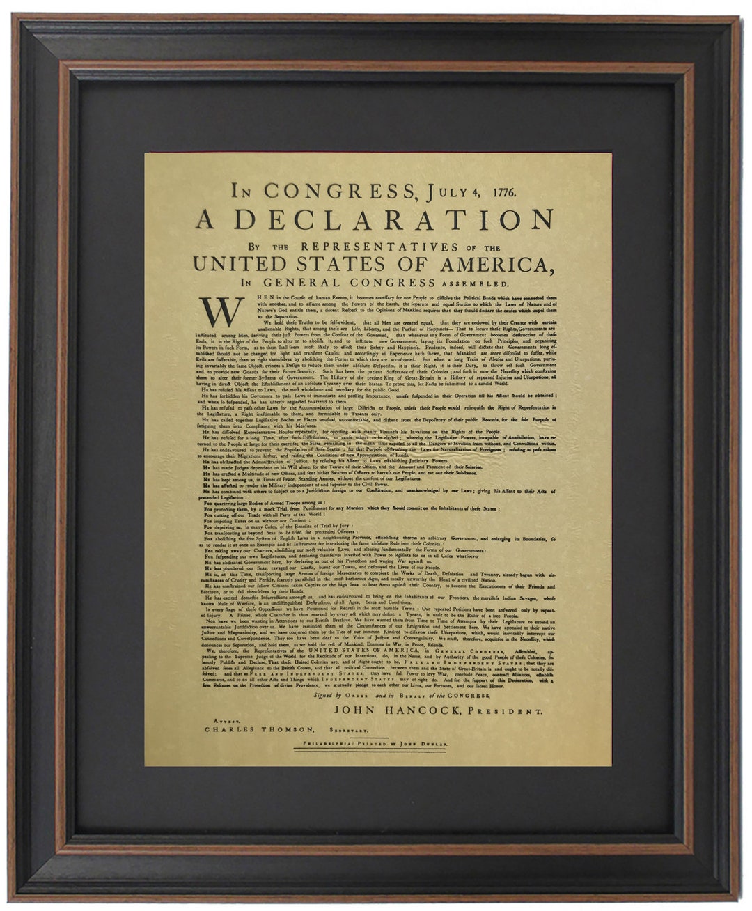 Framed Dunlap Broadside. Declaration of Independence. Patriotic Gift ...