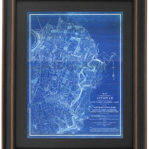 Framed Blueprint Map of the Battlefield of Antietam, 1862. Standard or Poster Size. Handmade in USA. Free Shipping