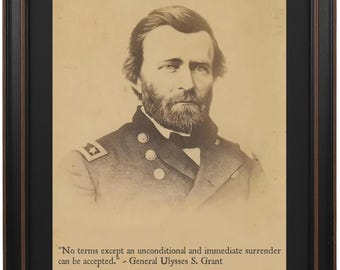 Retrato del general Ulysses S. Grant y cita: «No se aceptarán condiciones excepto la rendición incondicional e inmediata». Hecho a mano en EE. UU.