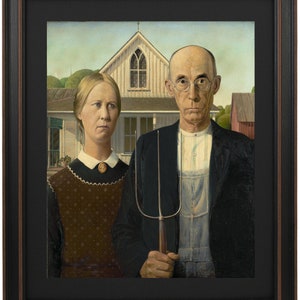 May include: A painting of a couple standing in front of a white farmhouse. The woman is wearing a brown dress with a white collar and a black button. The man is wearing a dark blue suit with a white shirt and a blue tie. He is holding a pitchfork in his right hand. The painting is set against a backdrop of a blue sky and green trees.