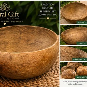 May include: A large, round, brown jicara bowl with a textured, natural surface. The image includes text labels such as Astral Gift Boutique, Large Jicara, Inside View, Side View, Natural Detail, and Variations, showcasing the bowl's organic appearance.