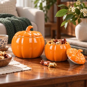 Peut inclure: Deux pots en céramique orange brillant en forme de citrouille avec couvercle. Un pot est fermé, tandis que l'autre est ouvert avec son couvercle posé à côté, révélant des bonbons emballés individuellement. Design arrondi et nervuré.
