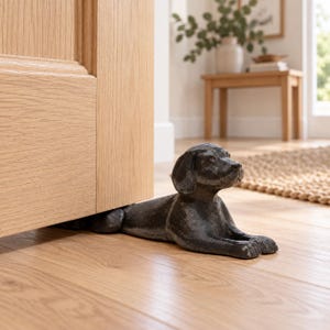 May include: A dark gray, cast iron doorstop shaped like a dog in a lying position. The dog figure has floppy ears, a textured surface, and is positioned at the base of a light-colored wooden door to hold it open on a wooden floor surface.