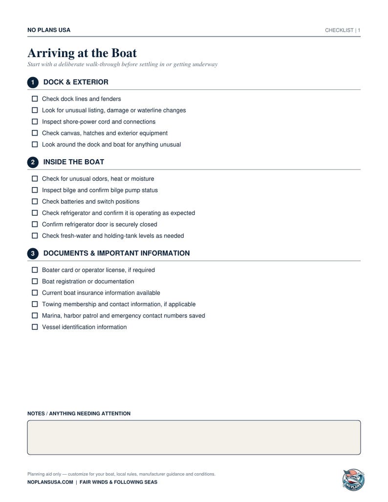 May include: A white document titled Arriving at the Boat, a checklist for boat owners. It includes sections for Dock & Exterior, Inside the Boat, and Documents & Important Information, with checkboxes for tasks and a blank space for notes at the bottom.