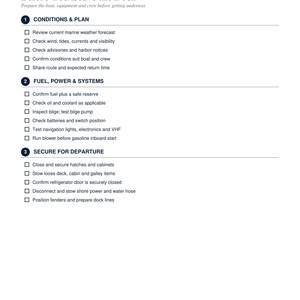 May include: A white document titled Before You Leave the Dock, featuring a checklist for boaters. It includes sections for Conditions & Plan, Fuel, Power & Systems, and Secure for Departure, with checkboxes for tasks like checking weather and fuel levels.