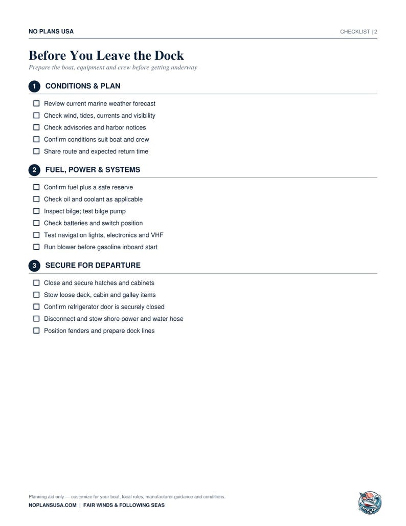 May include: A white document titled Before You Leave the Dock, featuring a checklist for boaters. It includes sections for Conditions & Plan, Fuel, Power & Systems, and Secure for Departure, with checkboxes for tasks like checking weather and fuel levels.