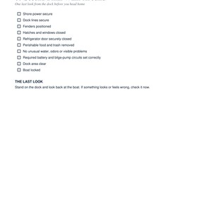 May include: A white document titled 60-Second Final Walk-Around with a checklist for boat security. It includes items like shore power, dock lines, fenders, hatches, refrigerator, trash, and boat locks, ending with a section titled THE LAST LOOK.