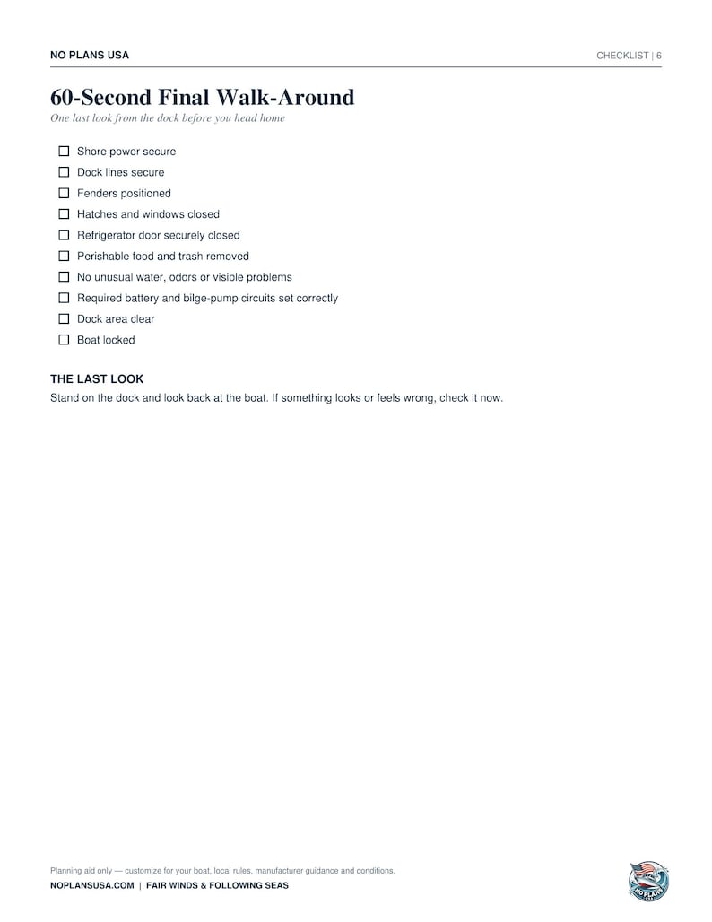 May include: A white document titled 60-Second Final Walk-Around with a checklist for boat security. It includes items like shore power, dock lines, fenders, hatches, refrigerator, trash, and boat locks, ending with a section titled THE LAST LOOK.