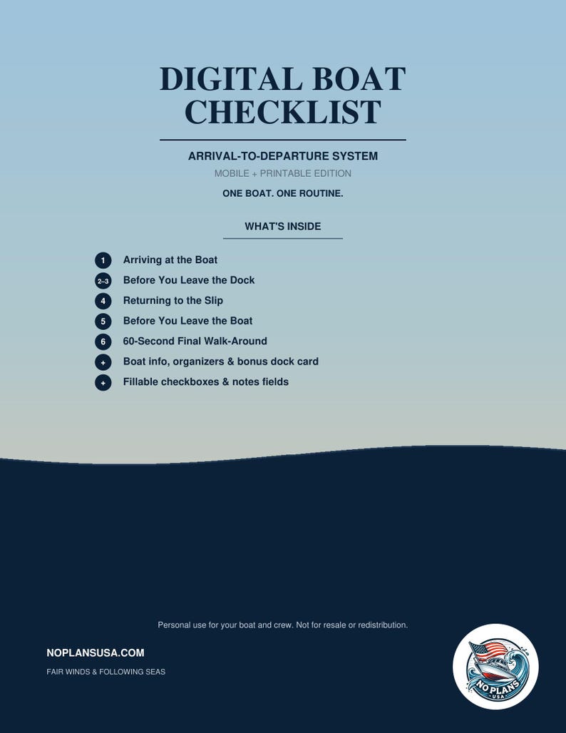 May include: A digital boat checklist document with a light blue to dark blue gradient background. The text reads Digital Boat Checklist, Arrival-to-Departure System, Mobile + Printable Edition, One Boat. One Routine. It lists six steps and features a logo.