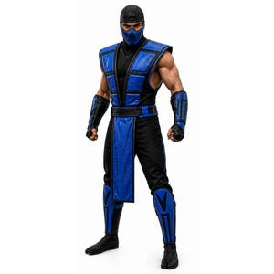 May include: A collectible action figure of a ninja character wearing a blue and black sleeveless tunic, matching blue forearm guards, and blue shin guards. The figure has a black head covering, a blue face mask, and black footwear.