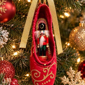 May include: A red ballet pointe shoe Christmas ornament featuring a miniature nutcracker figure inside. The shoe is decorated with gold scrollwork and is suspended by a gold ribbon. The interior is lined with red fabric and gold trim.