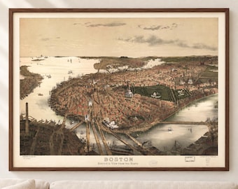 Historic Boston Map 1877, Bird’s Eye View Poster, Vintage Boston Wall Art, Massachusetts Print