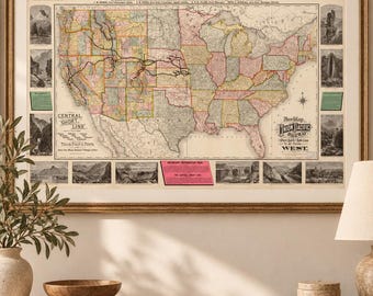 Historic Union Pacific Railway Map 1883, Vintage Railroad Poster, USA Railway Wall Art