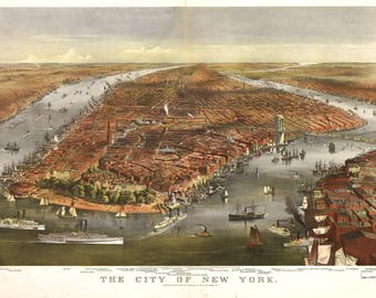 Historic New York Map 1870 Digital Download, Vintage Manhattan City View, Printable NYC Wall Art