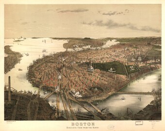 Historic Boston Map 1877 Digital Download, Vintage Boston Bird’s Eye View, Printable Wall Art