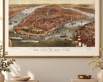 Historic New York Map 1870, Vintage Manhattan Poster, Antique NYC City View, New York Wall Art