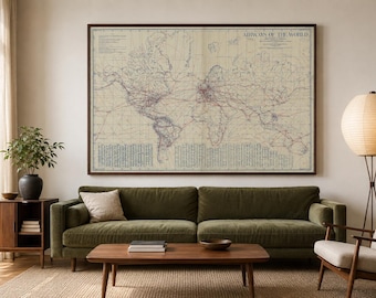 1919 Airways of the World Map, Vintage Aviation Routes Poster (Digital Print)