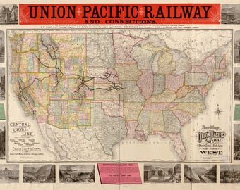 Union Pacific Railway Map 1883 Digital Download, Vintage Railroad Map, Printable USA Train Wall Art
