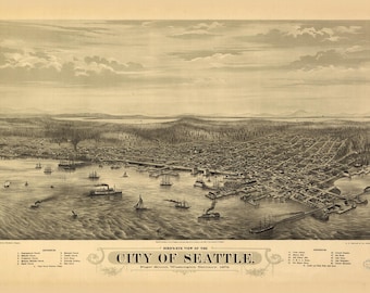 Historic Seattle Map 1878, Digital Download, Vintage City View, Printable Seattle Wall Art