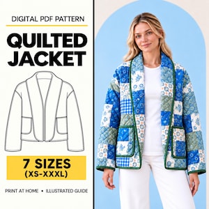 May include: A digital PDF pattern for a quilted jacket featuring a patchwork design in various shades of blue, white, and green. The jacket has long sleeves, a shawl collar, and two front pockets. The text reads: DIGITAL PDF PATTERN QUILTED JACKET 7 SIZES (XS-XXXL) PRINT AT HOME ILLUSTRATED GUIDE.