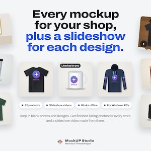 Può includere: Una grafica digitale che mostra il testo Every mockup for your shop, plus a slideshow for each design. Include vari mockup di prodotti come magliette, felpe con cappuccio, tazze e bicchieri, con etichette come 12 products e Works offline.