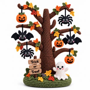 Crochet Halloween Tree Pattern PDF, Centerpiece with Pumpkins, Bats, Spiders, Leaves, Trick or Treat Banner and Mini Ghost, Instant Download