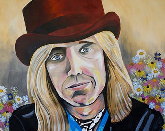 9x12, 20x24, 42x54 Giclee Fine Art Print of Original painting on paper of Tom Petty by artist Natalie Jo Wright, Pop art, Rock-n-Roll