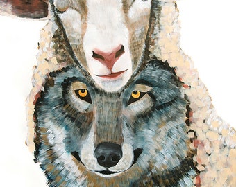 18x24, 9x12, or 38x50 Giclee Art print of original Wolf in Sheep's Skin painting by Natalie Jo Wright
