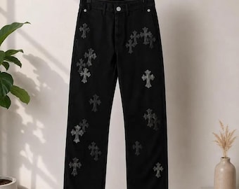 Pantalones vaqueros góticos negros, vaqueros de pierna ancha con diseño cruzado // Pantalones de moda urbana de tendencia