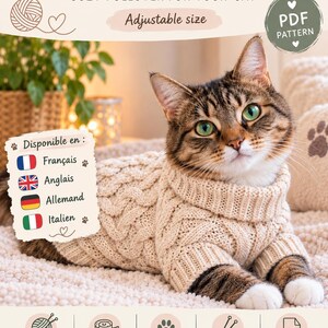 Può includere: Un modello di lavoro a maglia in PDF digitale per un maglione per gatti con un design a trecce beige. Il documento include testo come Knitting Pattern, Cat Sweater, Adjustable size ed elenca lingue tra cui Français, Anglais, Allemand e Italien.