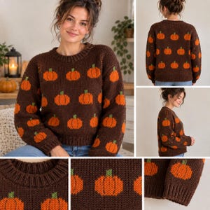 Puede incluir: Un suéter de punto marrón oscuro con un patrón repetitivo de calabazas naranjas con tallos verdes. El suéter tiene cuello redondo, mangas largas con puños acanalados y un dobladillo acanalado. El motivo de calabaza se distribuye por toda la prenda.