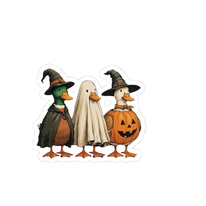 Peut inclure: Trois canards debout côte à côte dans des costumes d'Halloween. Le canard de gauche porte un chapeau de sorcière noir et une cape. Le canard du milieu est recouvert d'un drap de fantôme blanc. Celui de droite porte un chapeau de sorcière noir et un costume de citrouille orange sculptée.