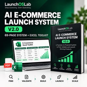 May include: A black book titled AI E-Commerce Launch System V2.0 next to a laptop displaying an E-Commerce Excel Toolkit. The book cover features a green growth chart and icons for ideas, data, systems, and growth. Includes a PDF and Excel icon.