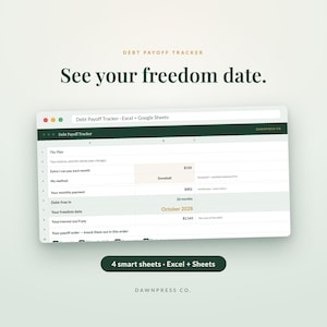 Może przedstawiać: Cyfrowy arkusz kalkulacyjny do śledzenia spłaty zadłużenia dla program&oacute;w Excel i Google Sheets. Interfejs zawiera wiersze dotyczące płatności miesięcznych, termin&oacute;w spłaty i odsetek. Tekst: 'Debt Payoff Tracker', 'See your freedom date', '4 smart sheets'.