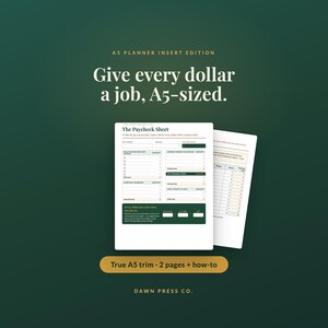 May include: A set of A5 planner inserts titled The Paycheck Sheet, featuring sections for bills, sinking funds, and everyday spending. The white paper sheets include dark green and light peach accents with text instructions for budget tracking.