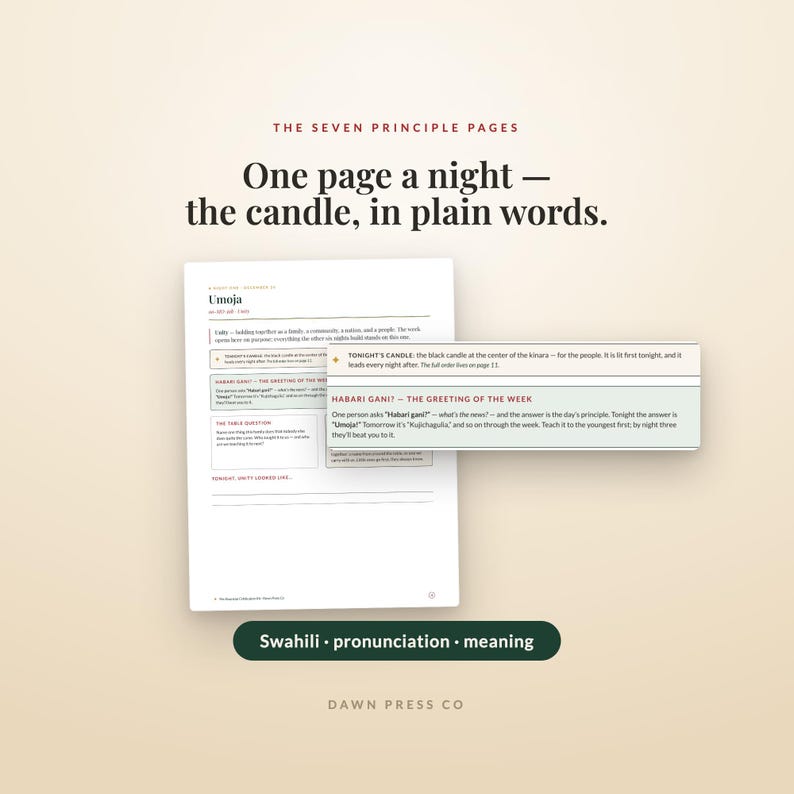 May include: A printed page titled The Seven Principle Pages: One page a night &mdash; the candle, in plain words. It features text about Umoja, Swahili pronunciation, and meaning, with a highlighted box explaining the kinara candle and the greeting Habari gani.