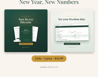 Może przedstawiać: Cyfrowy pakiet finansowy od Dawn Press Co. zatytułowany New Year, New Numbers. Zawiera pakiet oszczędnościowy na rok 2027 z 19 arkuszami i 24 kartami gotówkowymi na ciemnozielonym tle oraz narzędzie do śledzenia spłaty długów z 4 arkuszami.