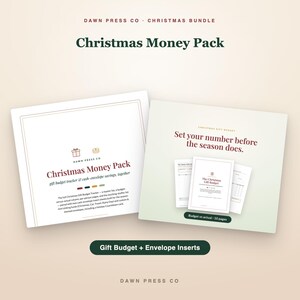 May include: A Christmas Money Pack bundle featuring a gift budget tracker and cash-envelope savings system. The documents include text such as Christmas Money Pack, Set your number before the season does, and Budget vs actual - 10 pages.