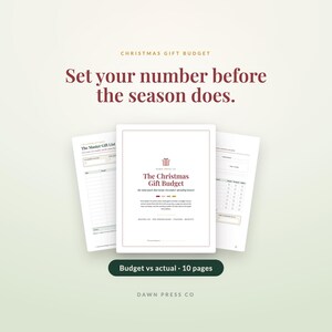 May include: A ten-page Christmas gift budget planner set with white paper sheets featuring dark red text. The cover page displays the title The Christmas Gift Budget and the text Set your number before the season does. Includes a master list.