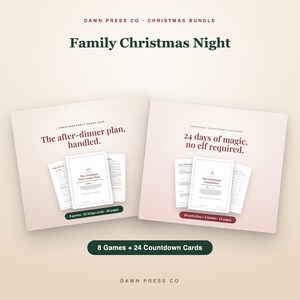 May include: A Dawn Press Co Christmas bundle featuring a Family Christmas Night set. Includes a Christmas Party Games pack with 8 games, 20 bingo cards, and 26 pages, plus a Christmas Countdown calendar with 24 days of magic, 24 activities, and 12 pages.