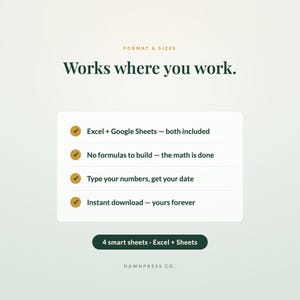 Może przedstawiać: Cyfrowa grafika informacyjna o produkcie z tekstem FORMAT & SIZES, Works where you work., oraz listą funkcji: Excel + Google Sheets &mdash; both included, No formulas to build &mdash; the math is done, Type your numbers, get your date, Instant download &mdash; yours forever, oraz 4 smart sheets &bull; Excel + Sheets od DAWNPRESS CO.