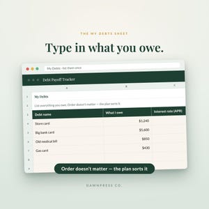 Może przedstawiać: Cyfrowy arkusz kalkulacyjny do śledzenia spłaty dług&oacute;w z ciemnozielonym nagł&oacute;wkiem i białymi kom&oacute;rkami. Tekst brzmi: THE MY DEBTS SHEET, Type in what you owe, My Debts, Debt name, What I owe, Interest rate (APR), Store card, Big bank card, Old medical bill, Gas card.