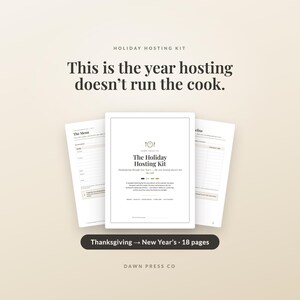 May include: A Holiday Hosting Kit document set featuring a central cover page titled The Holiday Hosting Kit with subtext Thanksgiving Through New Year's, flanked by two interior planning pages labeled The Menu and Timeline on a beige background.