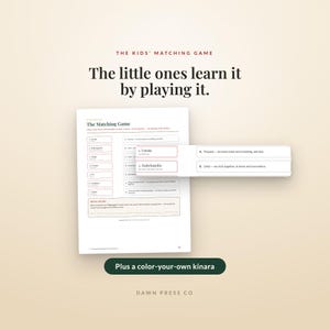May include: A white educational worksheet titled The Matching Game with black text, featuring a list of principles and definitions to match. The page includes a bonus round section and a dark green button labeled Plus a color-your-own kinara.