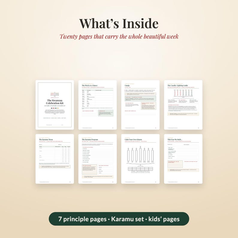 May include: A Kwanzaa celebration kit featuring twenty pages of printed content. The layout includes a title page, a week at a glance, Umoja, a candle-lighting guide, a Karamu menu, a Karamu program, a color your own kinara page, and a reflection page.