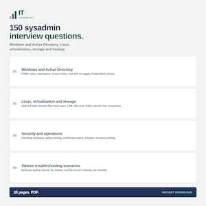May include: A digital document titled 150 sysadmin interview questions by IT Career Kit. It lists four sections: Windows and Active Directory, Linux, virtualisation and storage, Security and operations, and Sixteen troubleshooting scenarios. 35 pages. PDF.