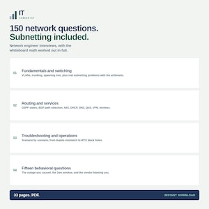 May include: A digital document titled IT Career Kit featuring 150 network questions and subnetting. It includes sections on fundamentals, switching, routing, services, troubleshooting, operations, and behavioural questions. The file is 33 pages in PDF format.